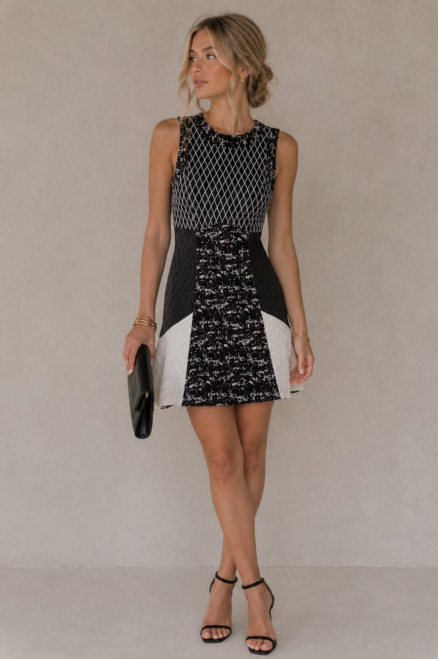 Jonathan Simkhai Black & White Textured Patchwork Style Fit & Flare Mini Dress 6
